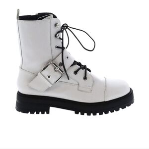 Zara Women's White Lace-Up Combat Boots With Silver Buckle Sz 40 (9)
